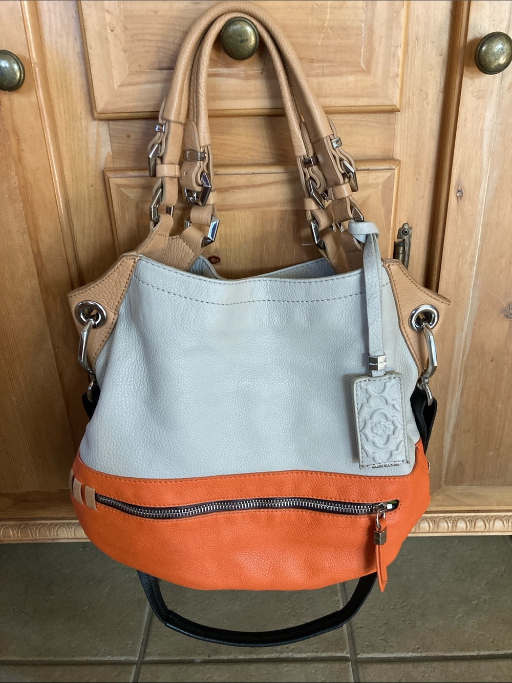 orYANY Cream, Orange & Tan Leather Crossbody Hobo Bag